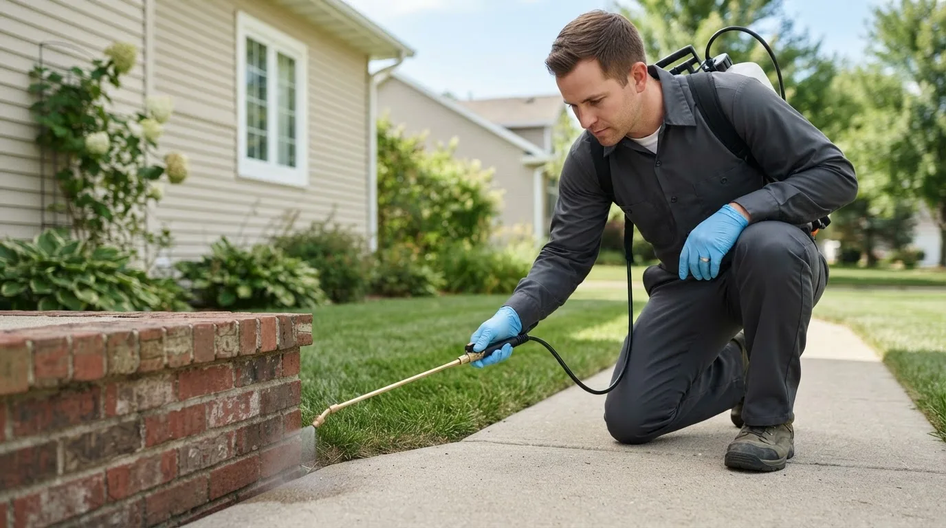 Pest control technician treating a home near West Grove, PA